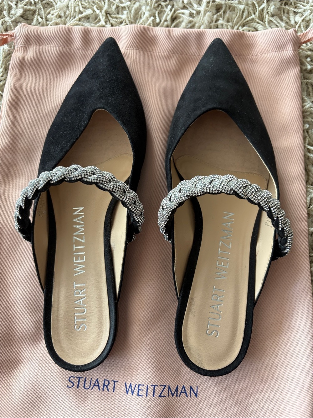 Stuart Weitzman Black Pointed Suede Mules with Braided Crystal Strap